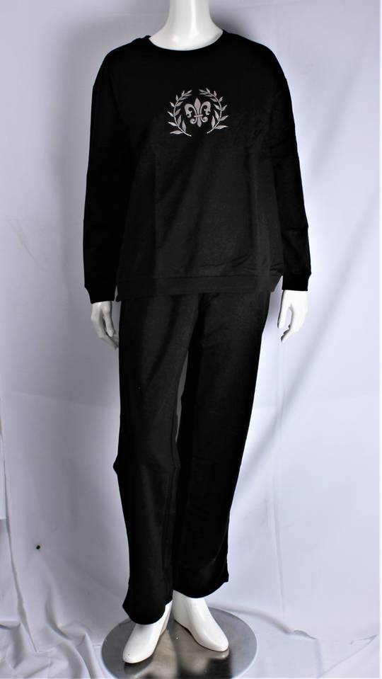 Warm cotton embroidered  winter pyjamas fleur de lis black S,M,L Style :AL/FLE/PJ/BLK